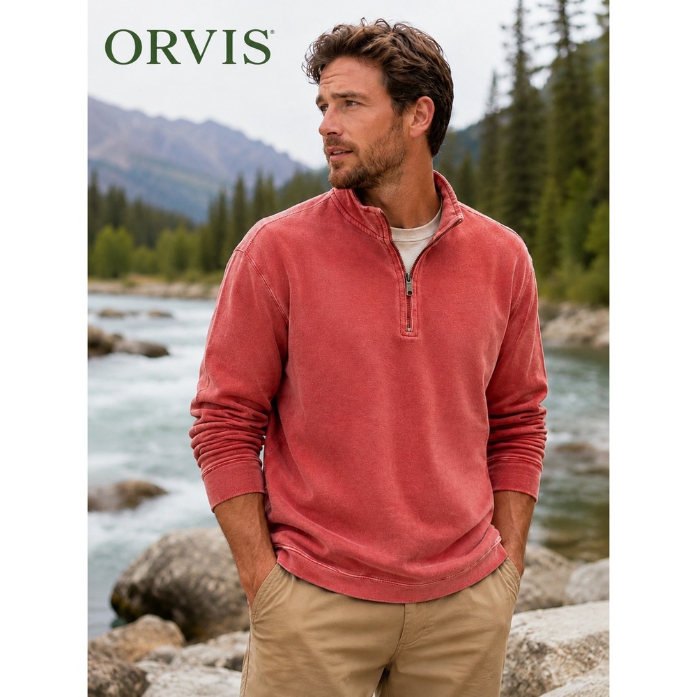 Orvis Garment Dyed Quarter Zip Pullover Sweatshirt Outdoor Active Coastal